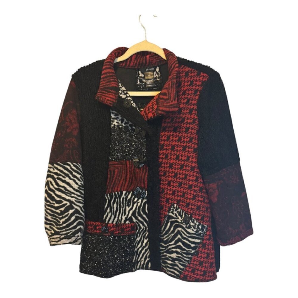 Ali Miles Jacket Women's Size Small Petite Wool blend abstract Zebra houndstooth